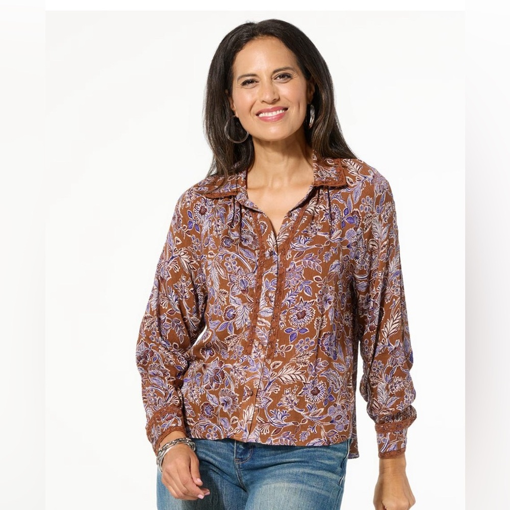 New Democracy Button-Front Crochet Inset Blouse
